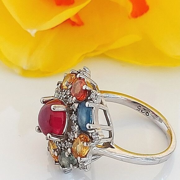 Natural Round Ruby 7mm & Multi-color Sapphire 925 Sterling‎ Silver Ring Sz 6 - Picture 3 of 7